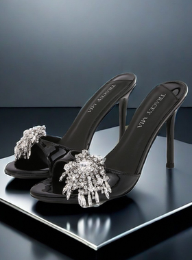 2025年新款夏尖头高跟鞋女细跟水钻半拖鞋法式一字带凉拖鞋女外穿