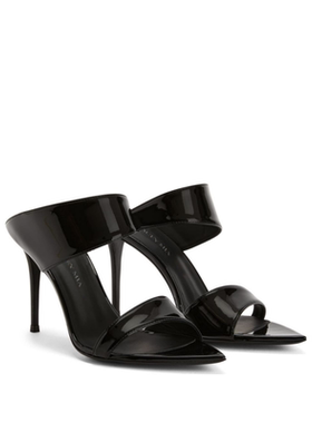 2025年夏新款欧美高跟鞋女漆皮黑色一字带尖头细跟凉鞋女半拖鞋潮