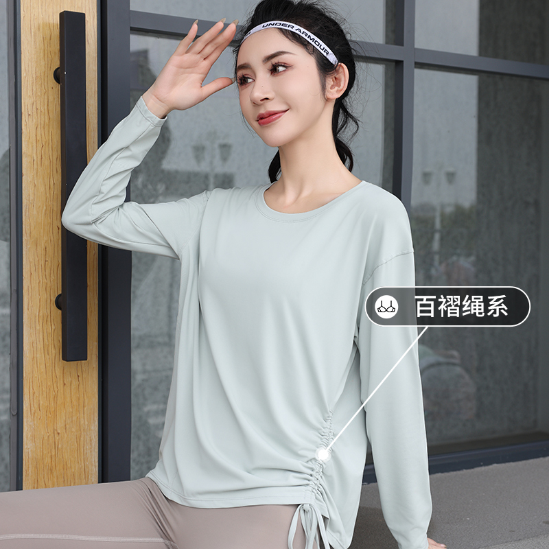健身上衣女速干长袖宽松抽绳圆领跑步大码胖mm显瘦跳绳训练瑜伽服