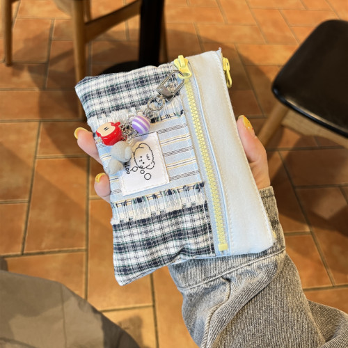 原创海盐蓝格子钱卡一体包双层大容量口红耳机收纳包可爱零钱包