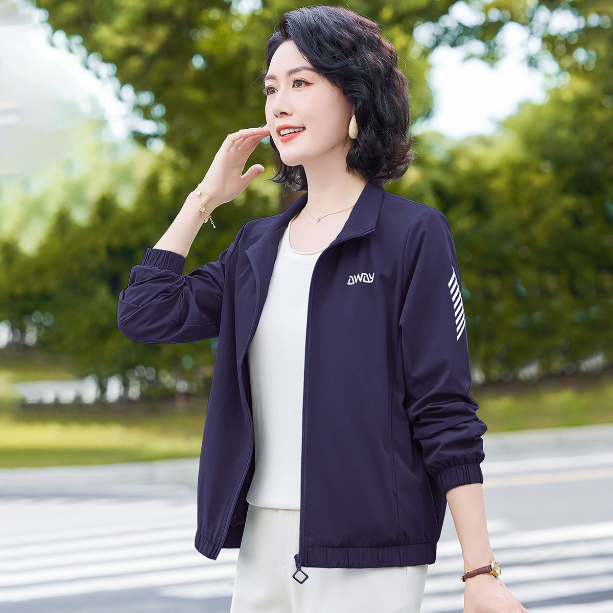 撞色条纹长袖上衣早秋拉链时尚