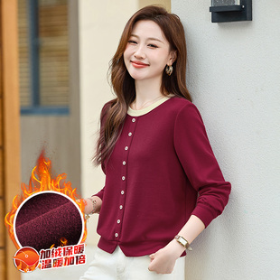 加绒加厚红色打底衫2025秋冬新款爆款时尚宽松假两件长袖T恤上衣