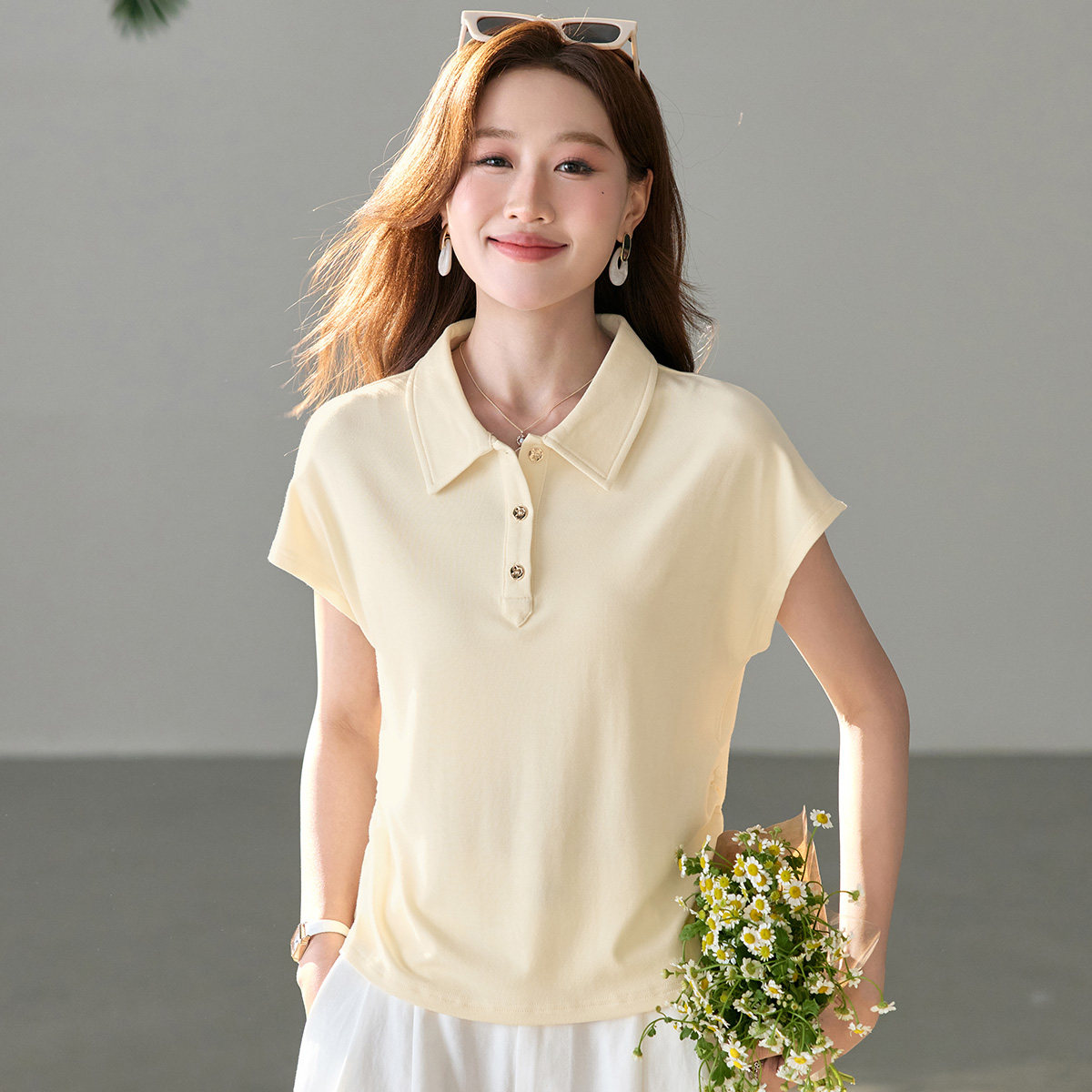 纯色翻领无袖百搭夏季短袖T恤女