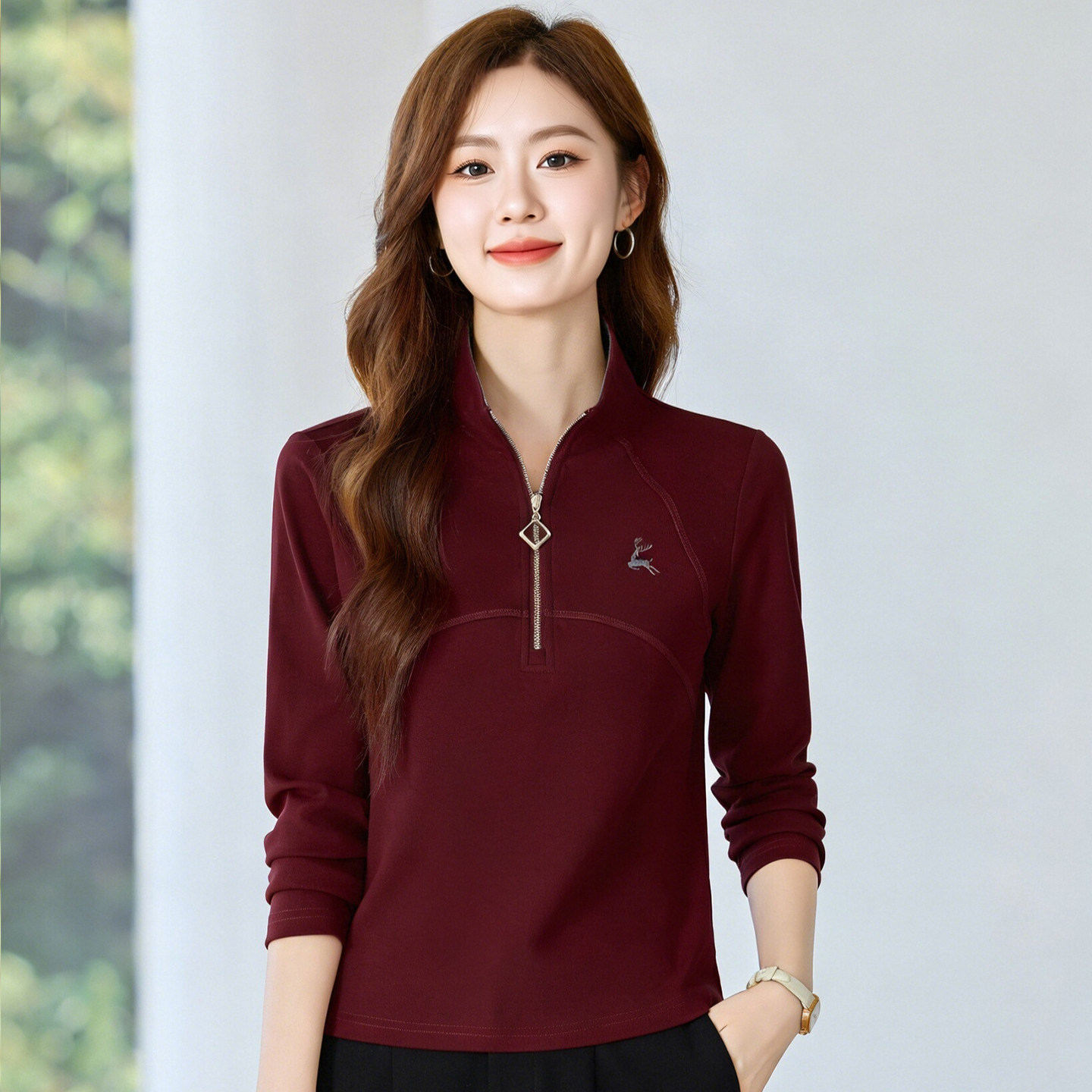 半拉链撞色立领长袖T恤2026年春季百搭显瘦刺绣上衣女式休闲小衫