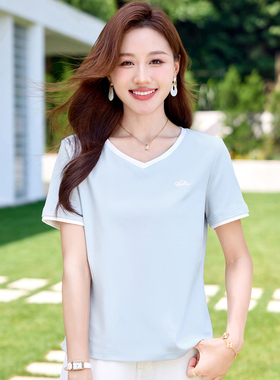 假两件v领短袖t恤女2026夏季新款爆款洋气减龄半袖蓝色正肩上衣