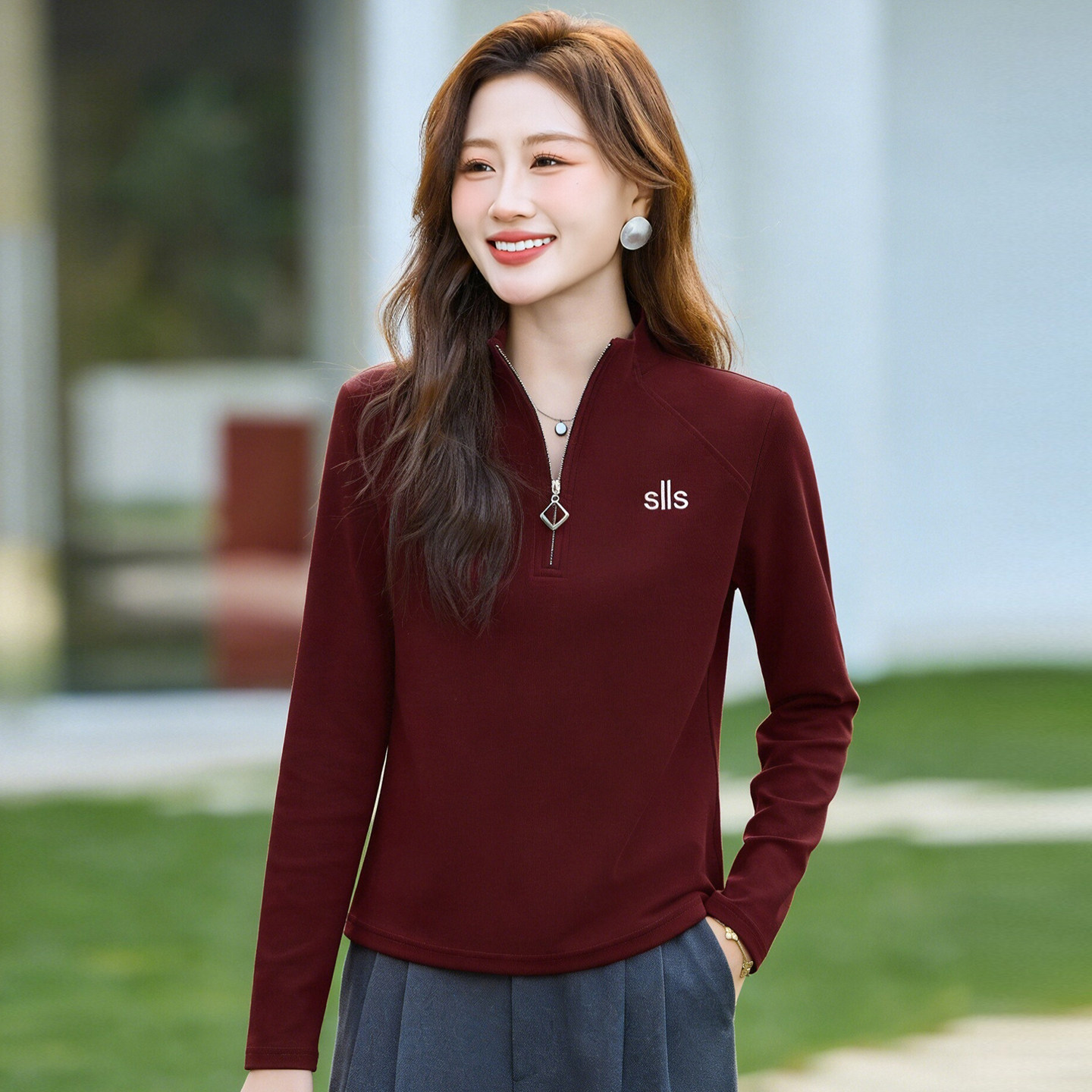 立领半拉链长袖T恤2026年春季新款修身型显瘦减龄刺绣女士上衣