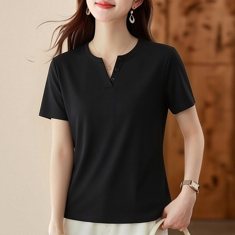 2026夏季新款黑色短袖t恤女洋气减龄休闲百搭女士打底亨利领上衣