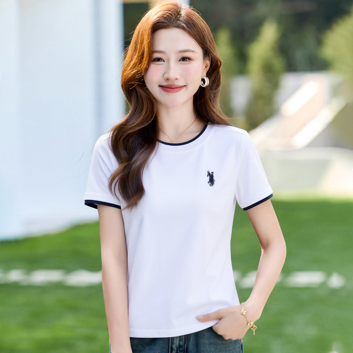 撞色圆领短袖t恤女2026新款百搭小个子显瘦体恤夏季爆款正肩上衣