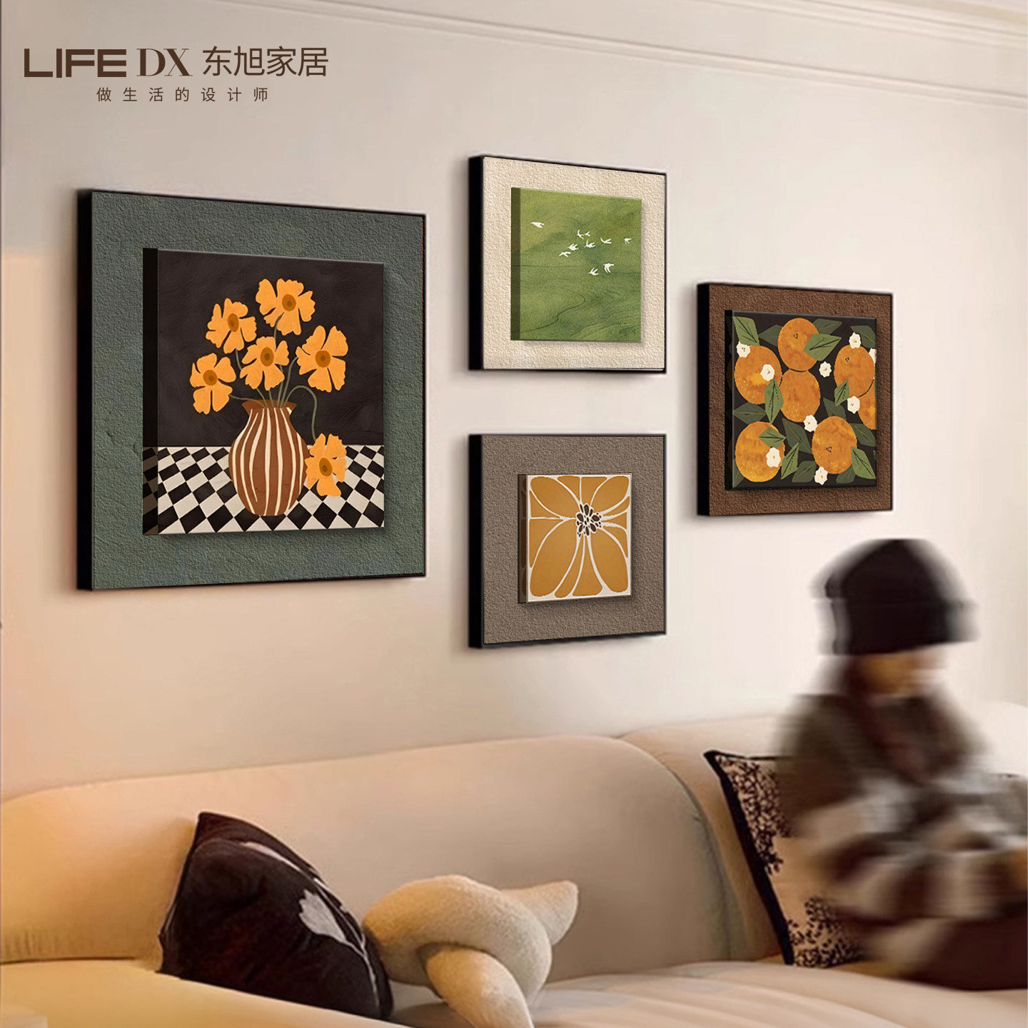 中古风客厅装饰画2026新款立体砂岩实物沙发背景墙挂画玄关组合画