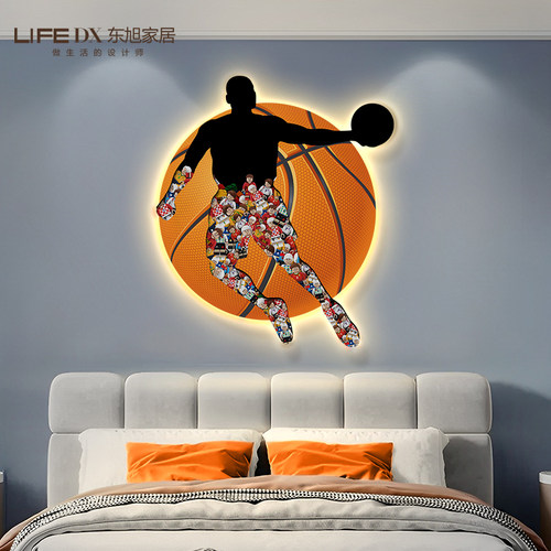 nba篮球足球简约壁画男孩房间卧室床头装饰画led灯画儿童房挂画
