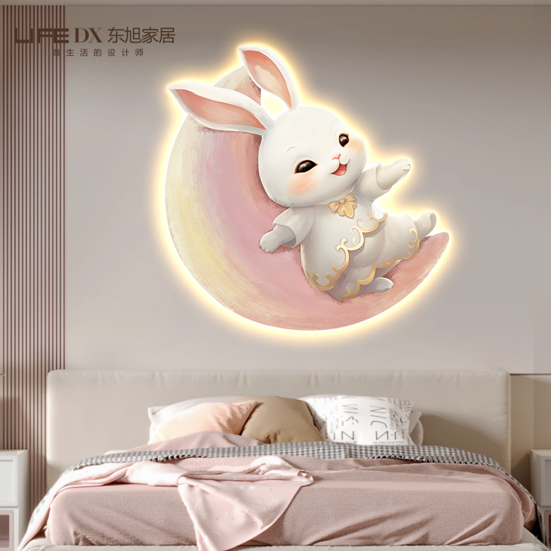 月中玉兔儿童房装饰画卡通动物女孩房间卧室床头挂画创意发光灯画图片