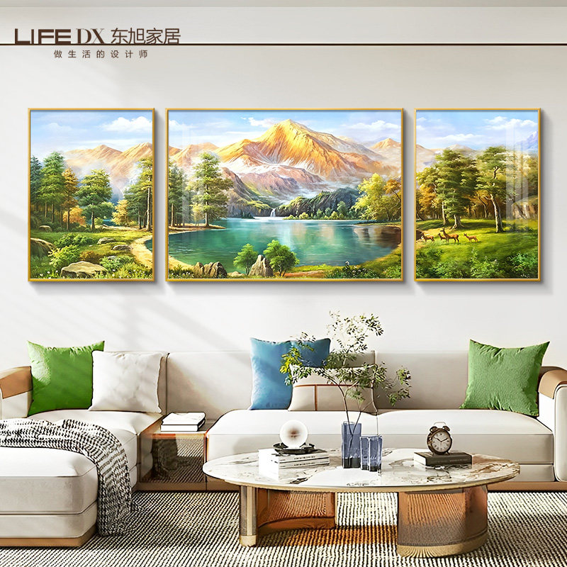 聚宝盆客厅装饰画轻奢高级感沙发背景墙挂画高档聚财山水三联壁画