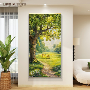 饰画入户正对门大树风景走廊过道挂画轻奢高级感纯手绘油画 玄关装