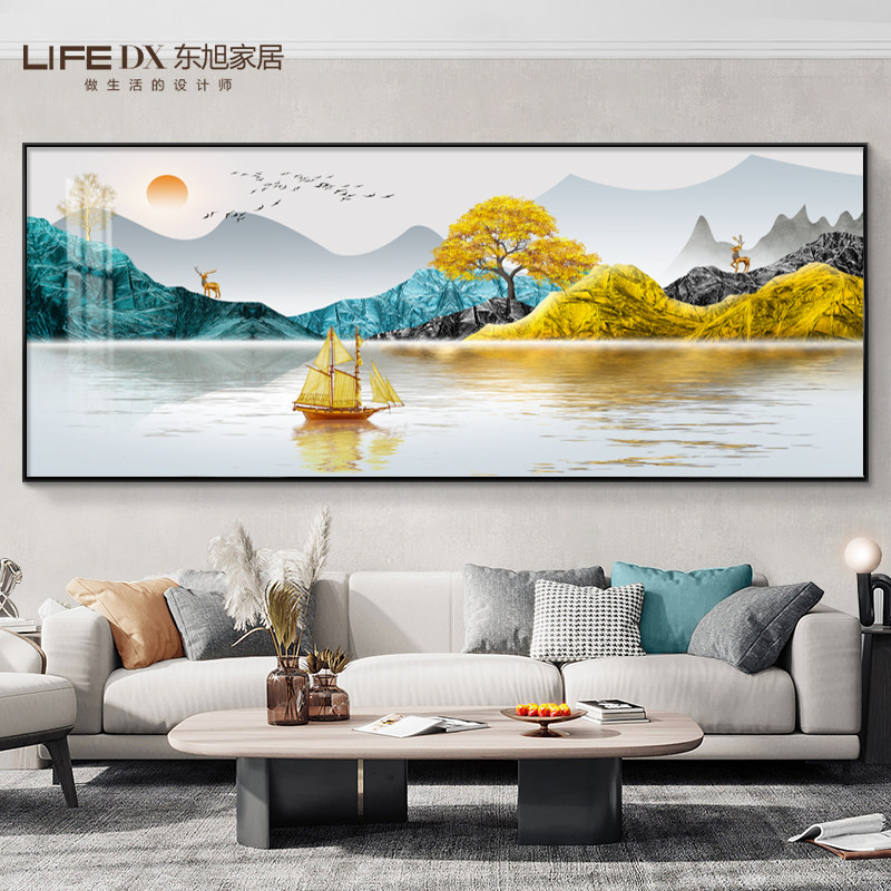 新中式客厅装饰画山水画沙发背景墙挂画大气横版现代简约招财壁画_虎窝淘