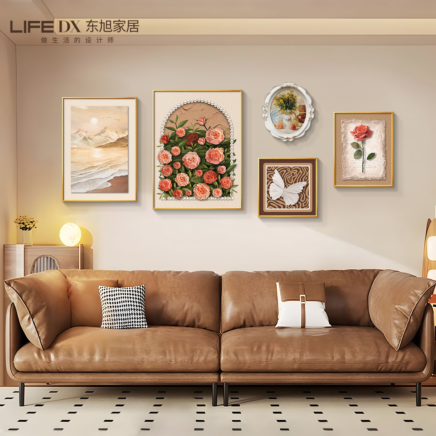 法式中古风客厅装饰画高级感沙发背景墙挂画玫瑰小众艺术组合壁画图片