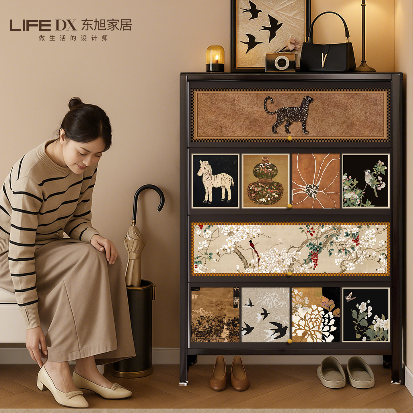 中古風(fēng)鋼制鞋柜家用門(mén)口收納柜一體靠墻入戶玄關(guān)收納多層復(fù)古鞋架
