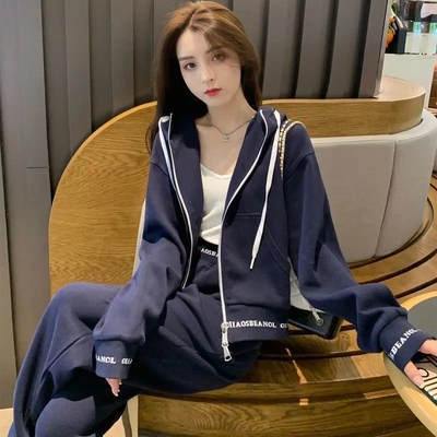 大码休闲运动套装女春秋季新款时尚洋气减龄连帽卫衣长裤两件套潮