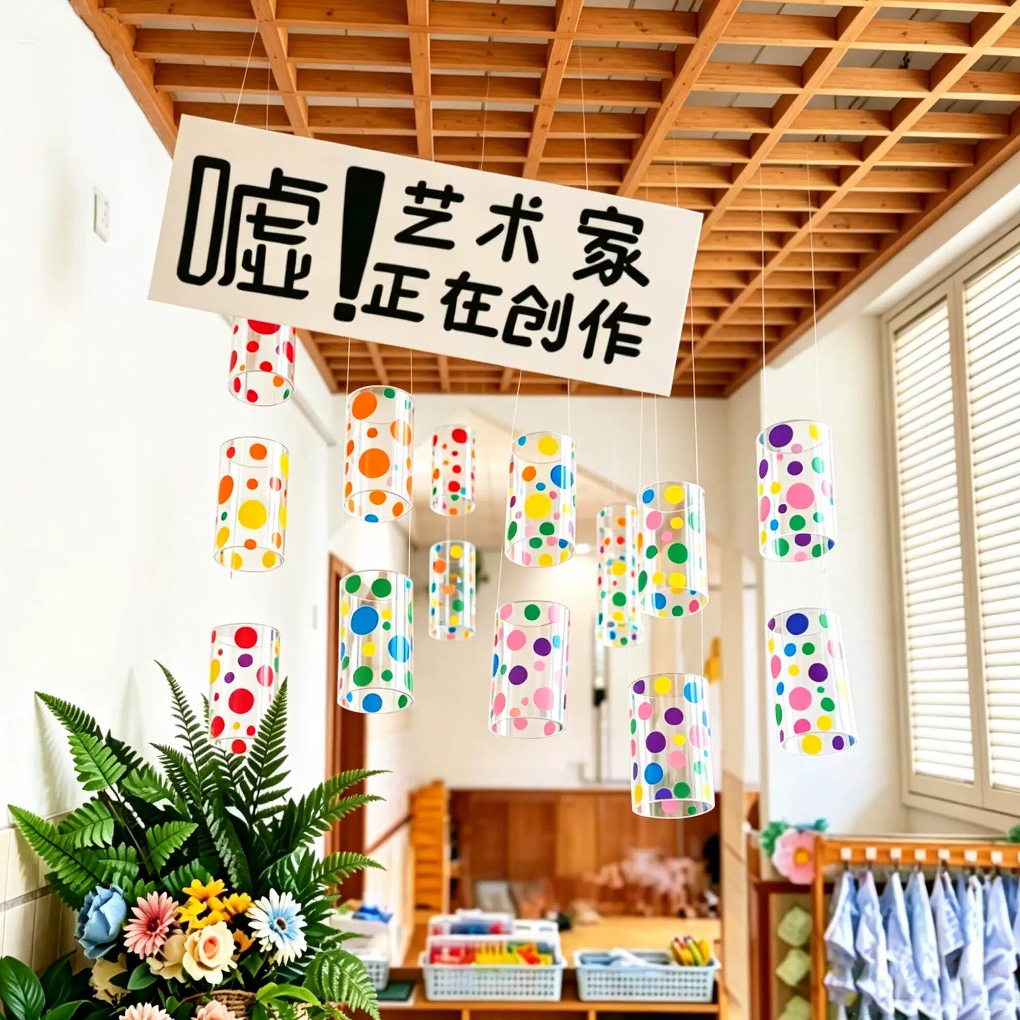 幼儿园环创吊饰彩色波点贴纸diy