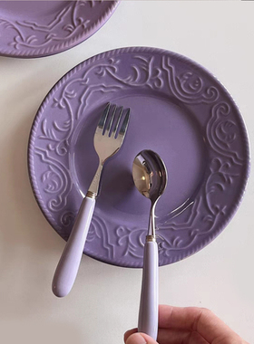 紫色浮雕陶瓷西餐盘子复古好看的ins风餐具北欧网红早餐盘碟菜盘
