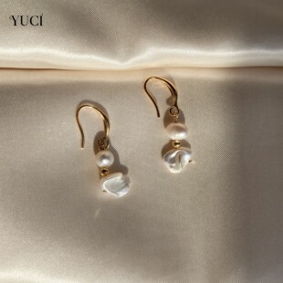 YUCI设计师款淡水珍珠耳环女金色不规则巴洛克气质高级百搭耳饰