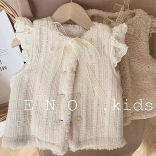 甜美公主羊羔毛加厚马甲两面穿女童冬季加绒毛毛针织蕾丝保暖坎肩