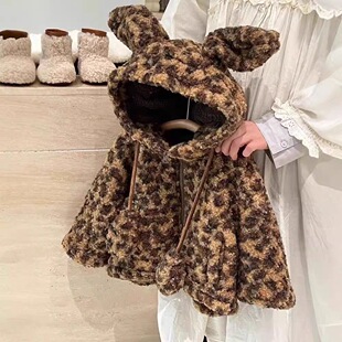 女童豹纹羊羔毛棉衣外套女童会动 耳朵毛毛外套潮女宝宝甜酷上衣