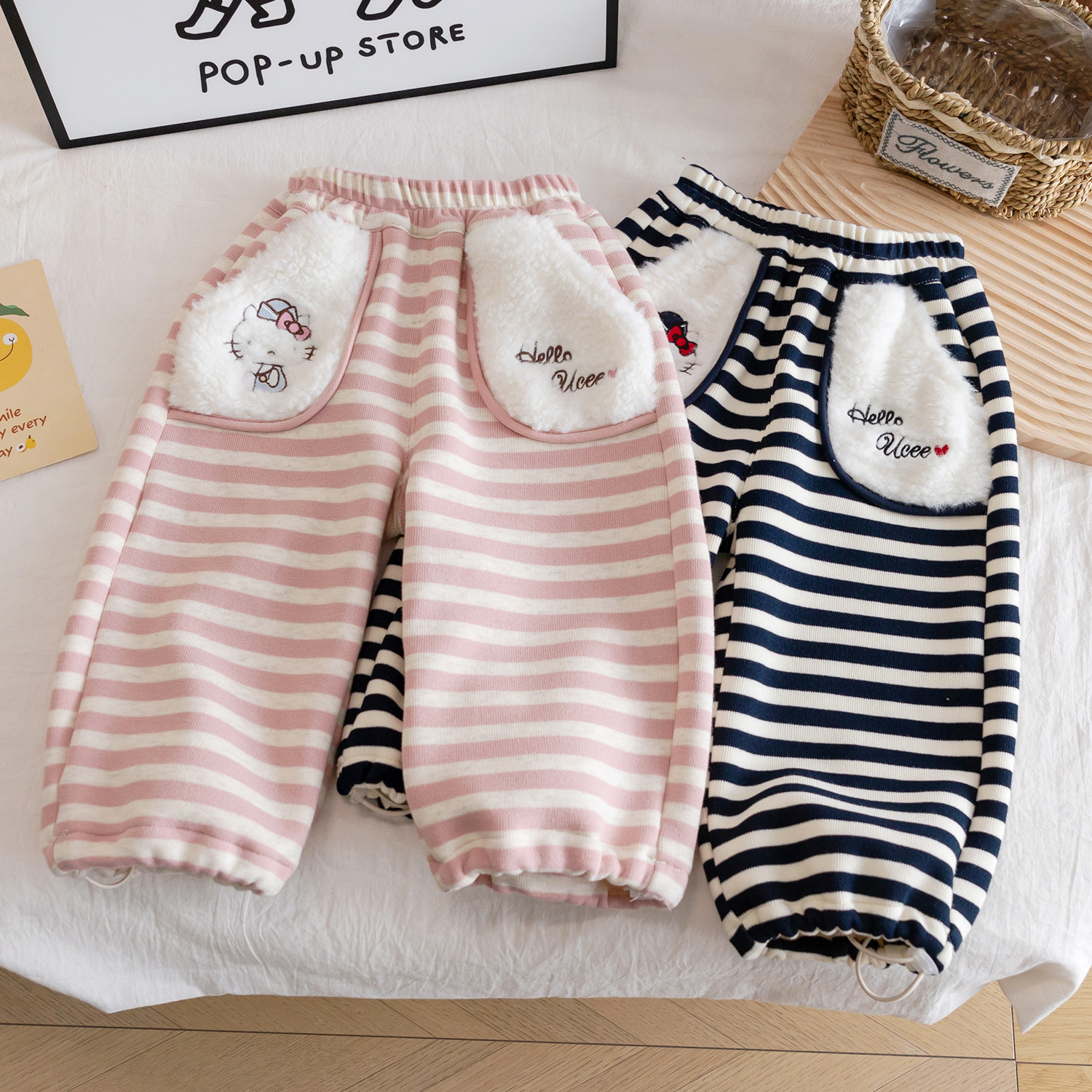 女小童卡通加绒卫裤秋冬款女宝宝加厚休闲裤冬装幼儿园条纹运动裤