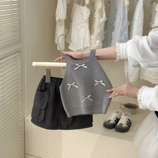 女童两件套韩版新款夏装蝴蝶结针织背心洋气套装女宝宝工装半身裙