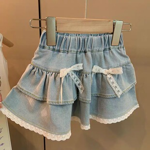 女童半身裙儿童2025新款 牛仔蛋糕裙子女宝宝洋气蕾丝花边短裙 夏季