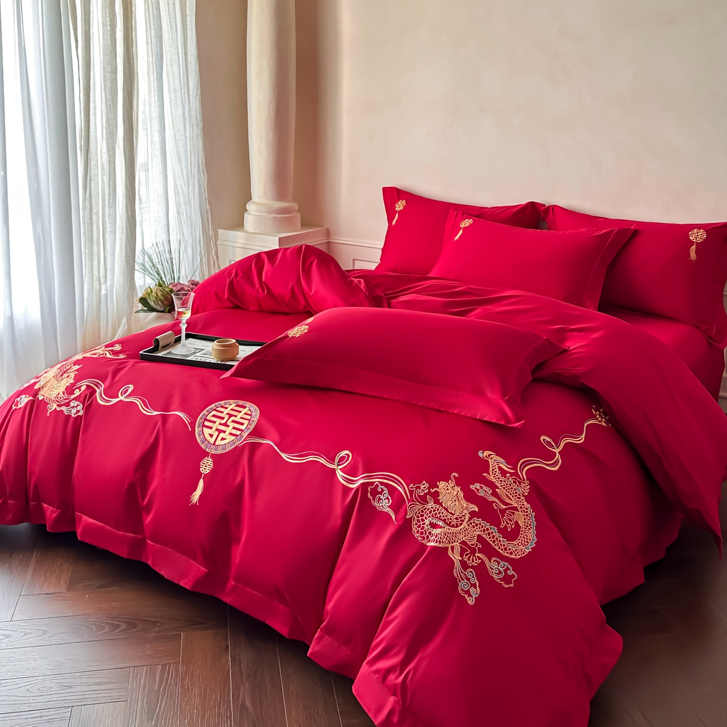 高档全棉龙凤刺绣结婚四件套100%纯棉红色被套高级感婚庆床上用品