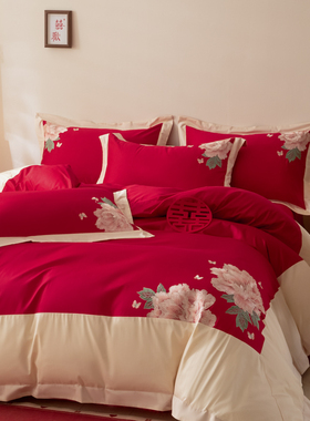 新中式婚庆160支全棉四件套花鸟印花被套大红色床单结婚喜被床品4