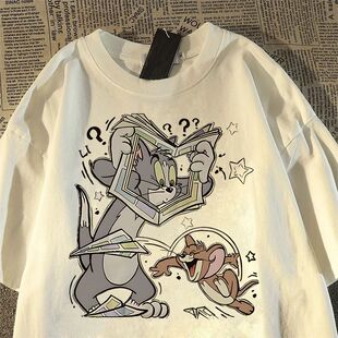 日系复古猫和老鼠短袖t恤男女宽松夏季oversize情侣上衣半袖T恤男