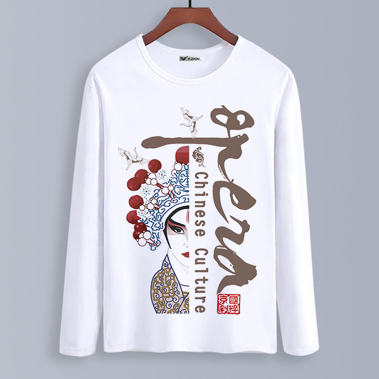 中国风长袖t恤新款国粹京剧脸谱印花秋季大码上衣服男女装打底衫