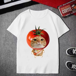 搞笑趣味苹果猫咪短袖t恤男女恶搞印花夏季宽松休闲潮流情侣上衣T