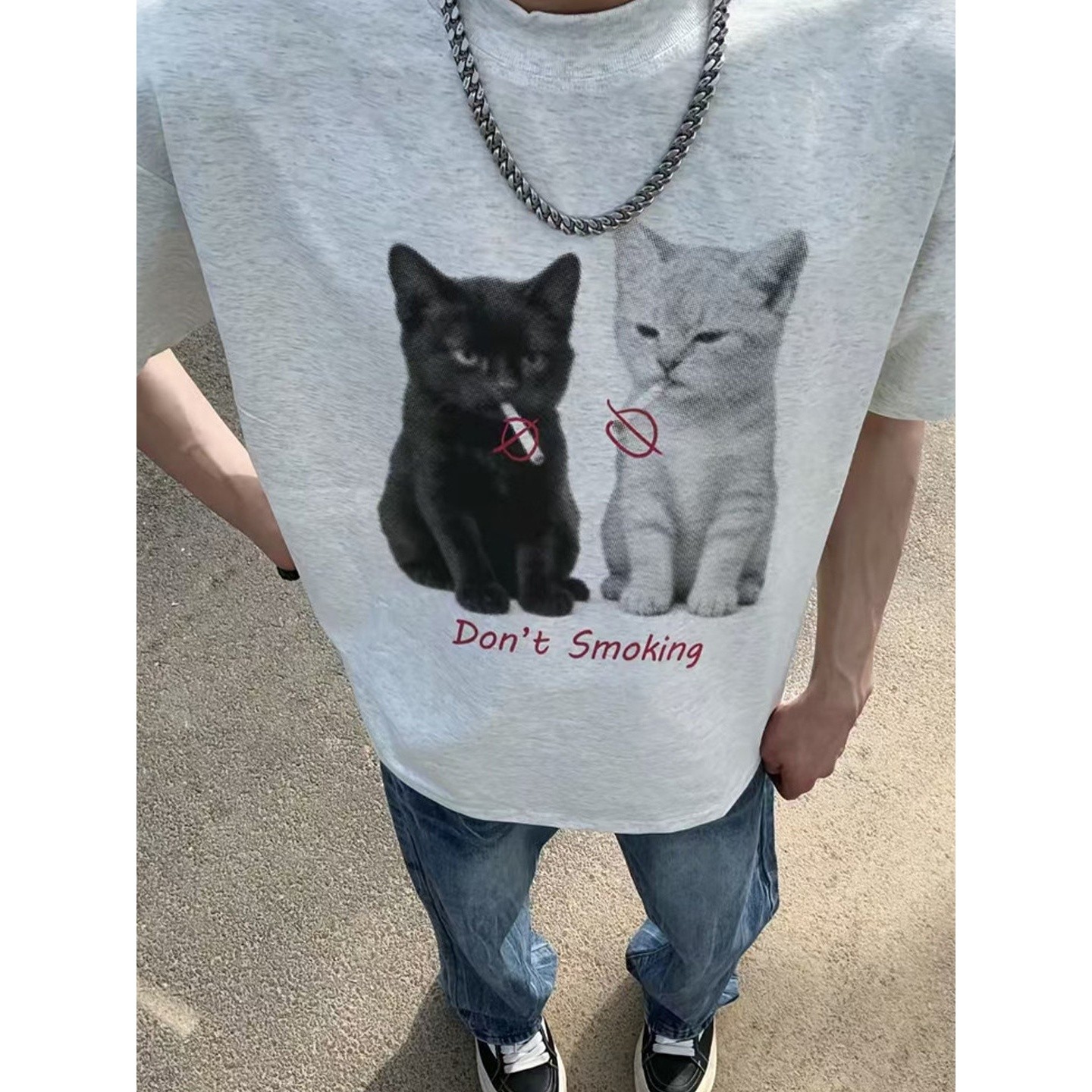 美式潮牌搞怪抽烟猫咪印花短袖T恤男女宽松休闲圆领定制上衣学生