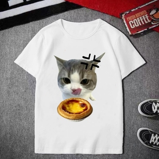 蛋挞猫咪meme短袖t恤男女夏季2025新款恶搞T恤情侣搞笑表情包上衣