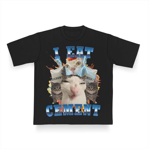 抽象I Eat Cement猫咪Meme圆领T恤男女夏季恶搞沙雕半袖t恤定制潮