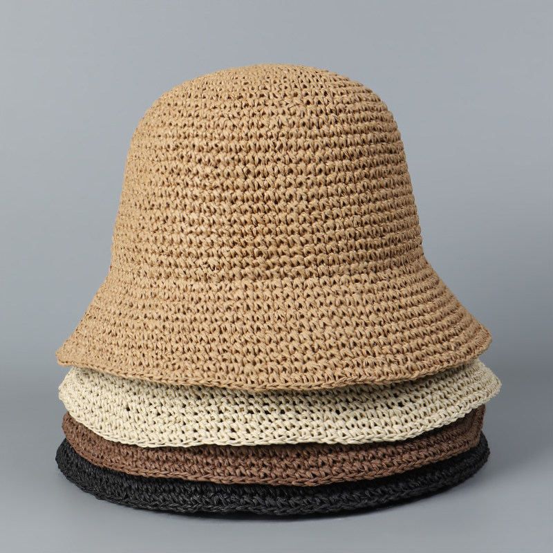 手工钩草编太阳帽草帽女时尚水桶渔夫帽时髦简约可折叠沙滩帽