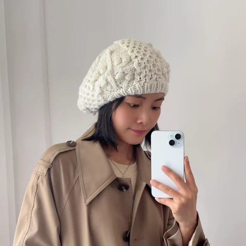 秋冬甜美款棉线手工钩麻花毛线帽女田园风优雅贝雷帽百搭时尚帽子