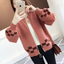毛衣外套女 拼色外搭针织开衫 短款 宽松灯笼袖 韩版 2019春秋新款 女装