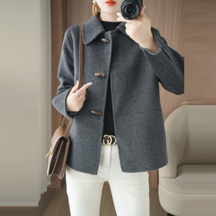 加厚牛角扣双面绒羊毛大衣女短款小个子秋冬款妈妈装毛呢外套洋气