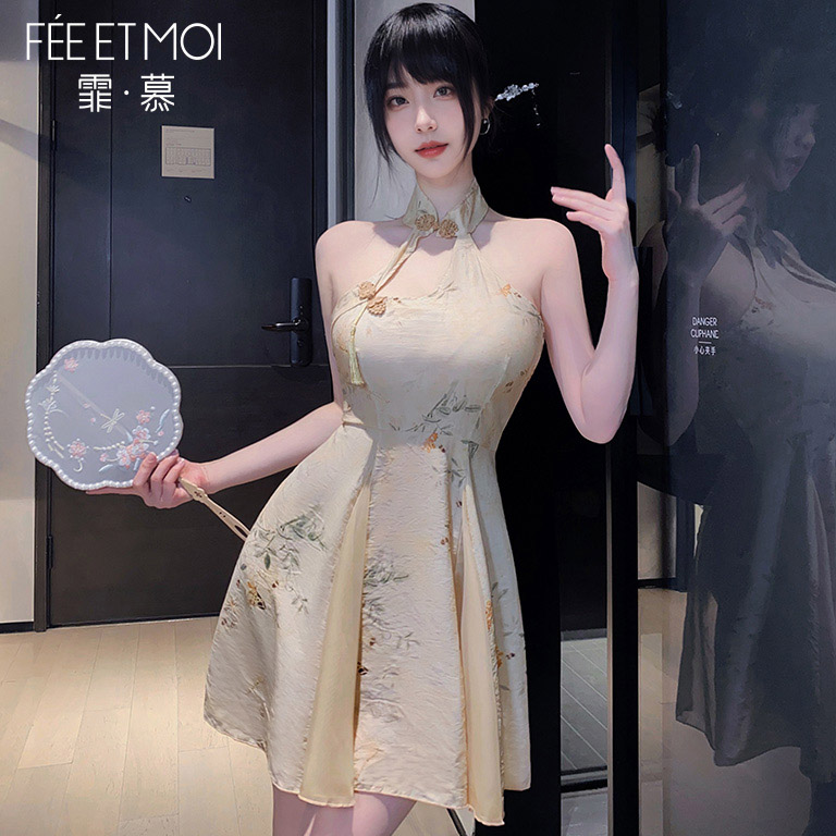 霏慕新中式A字印花旗袍睡裙女