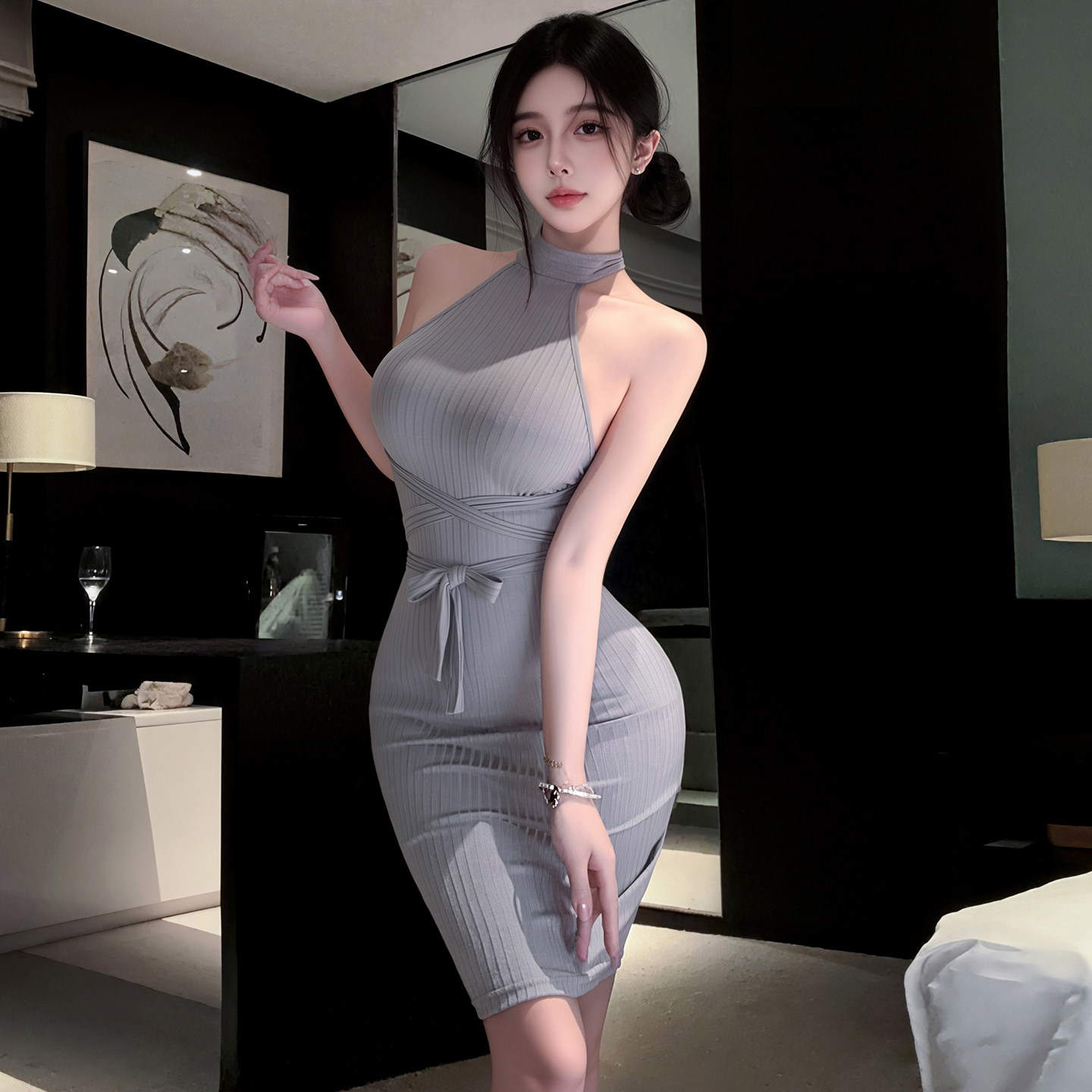 霏慕氛围感露肩开衩包臀裙睡裙女2026新款秋季性感睡衣qq迷人短裙