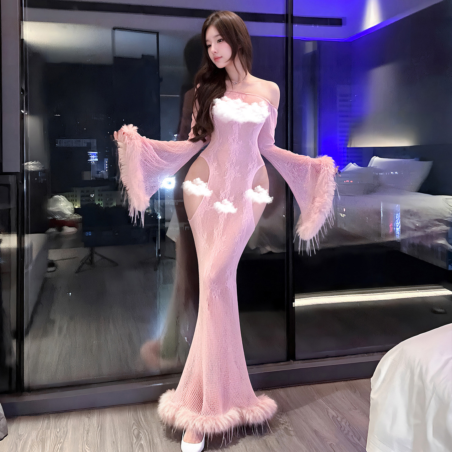 霏慕夜宴魅影露髻网衣鱼尾裙网袜性感镂空长裙情调内衣情感制服qq