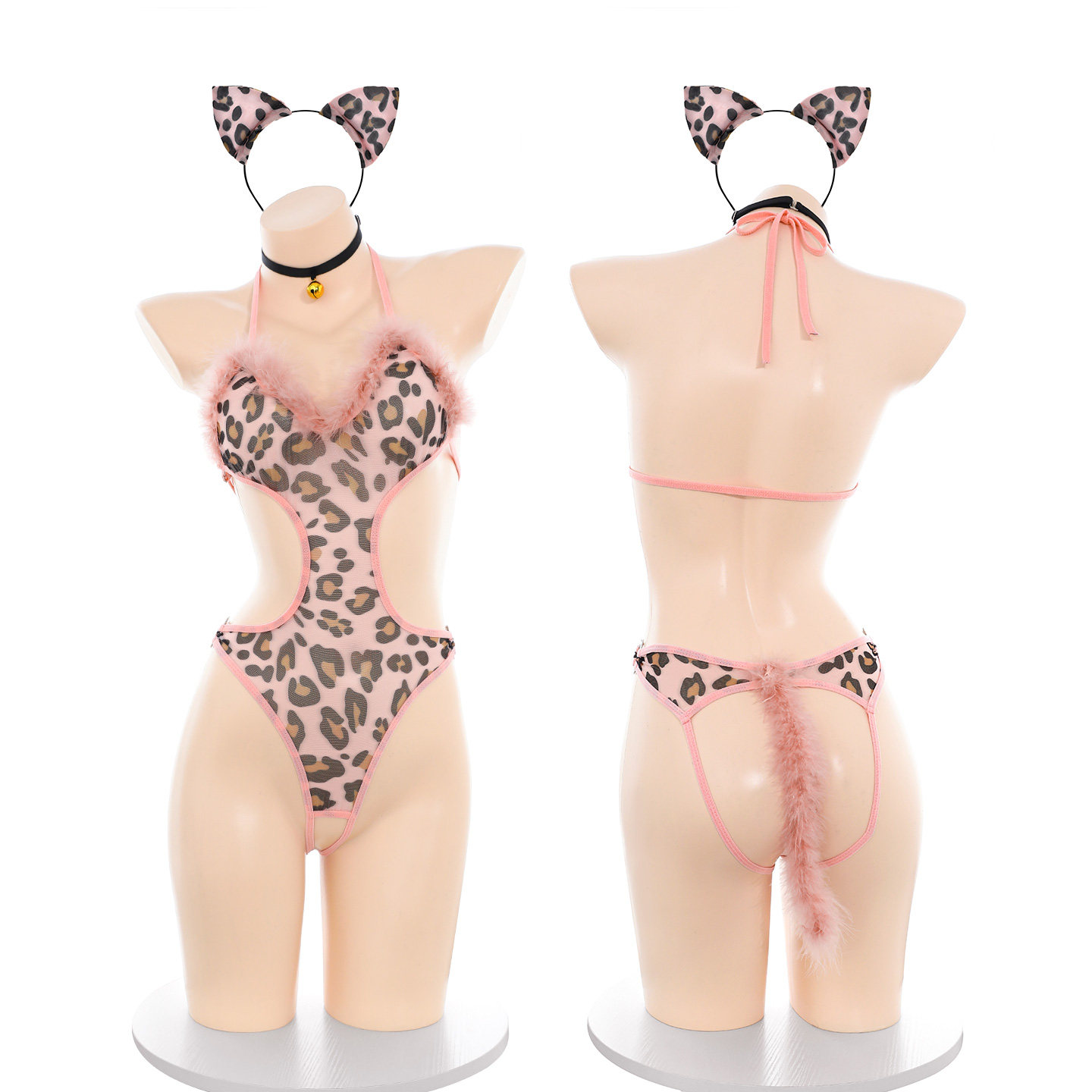 霏慕桃色豹纹连体衣女塑身衣显身材美体情调内衣镂空高叉性感cos