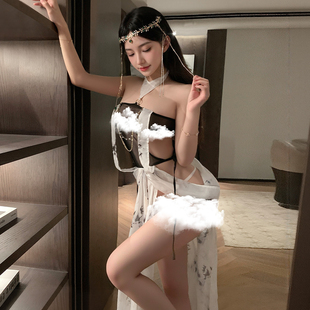 霏慕柔情水墨拼接露腰连衣裙女跳舞衣服古风舞蹈服饰性感高叉裙子