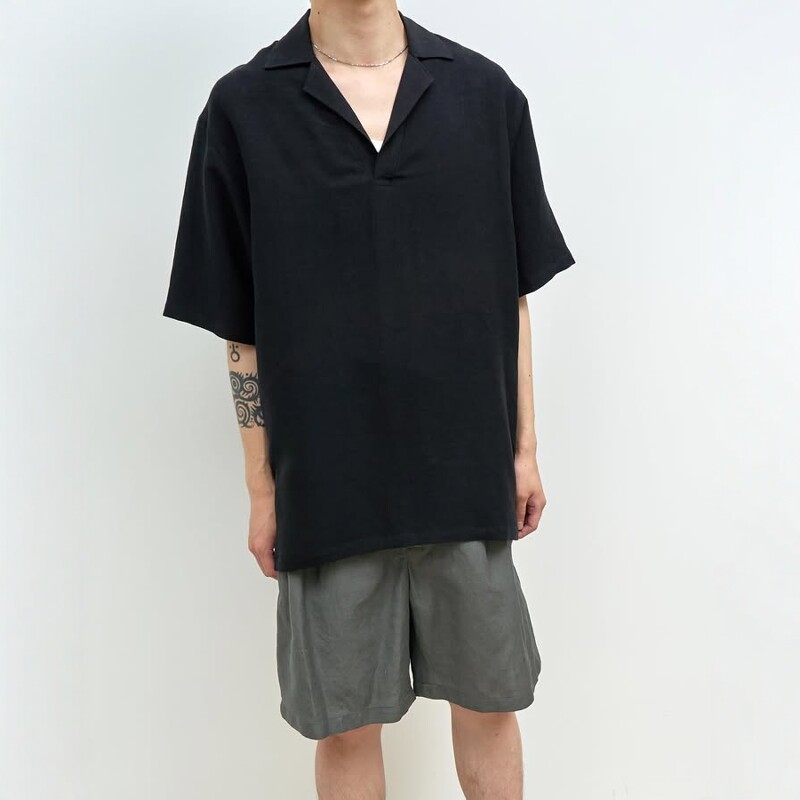 YOKE亚麻混纺船长领短袖衬衫