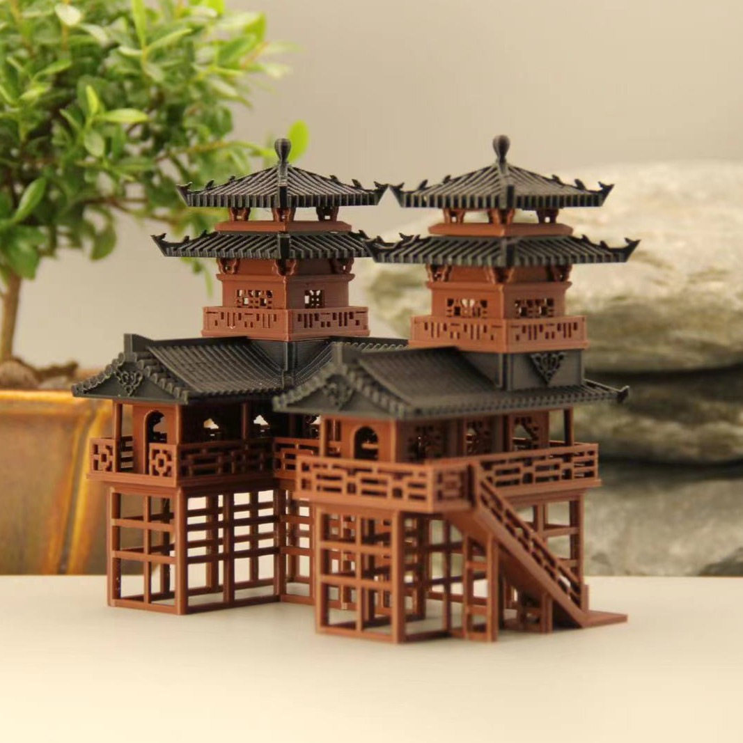 微景观水陆缸鱼缸吸水石盆景3D古风建筑模型生态爬宠鸟笼苔藓造景