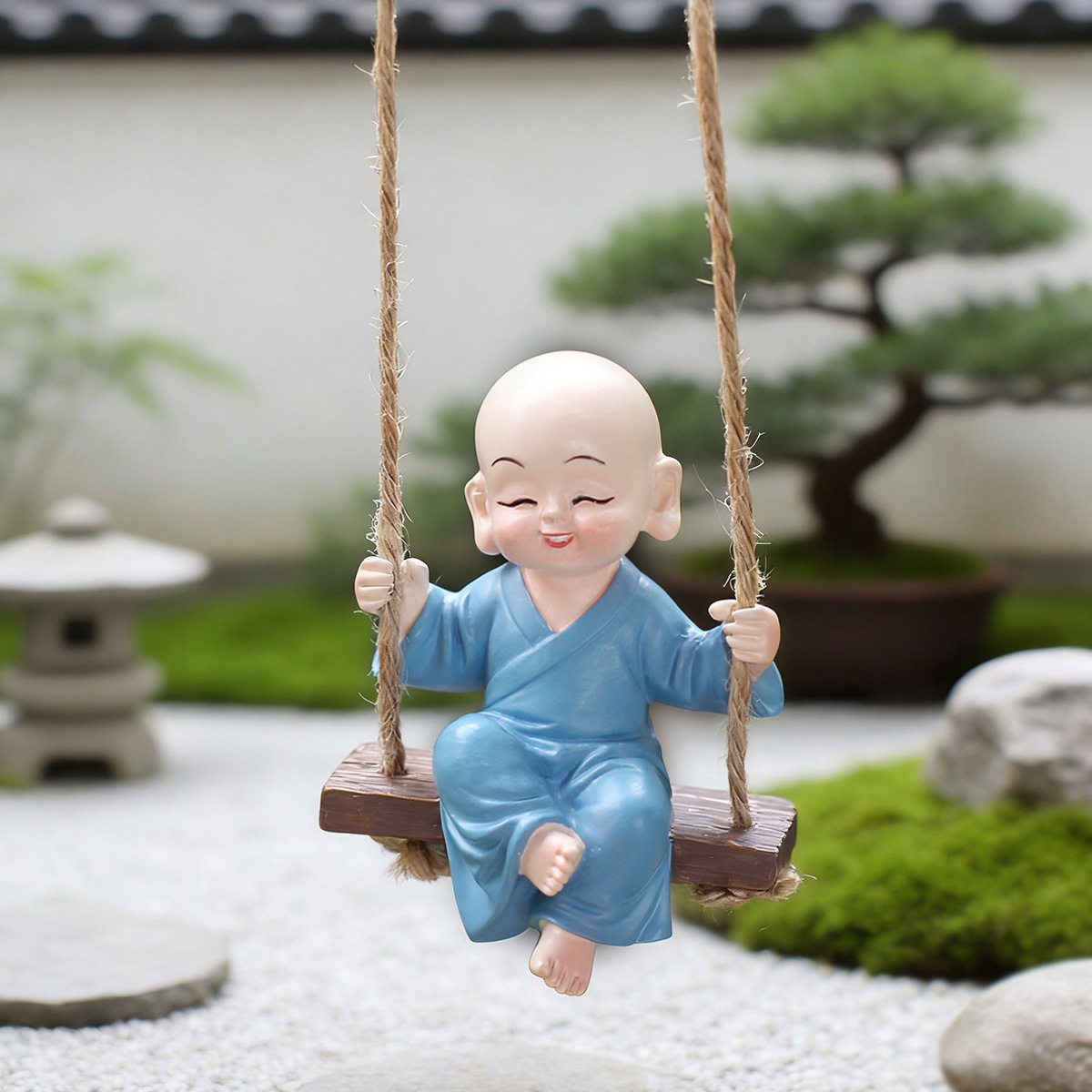 阳台禅意装饰荡秋千和尚挂件花园小沙弥雕像挂饰造景家居庭院装饰