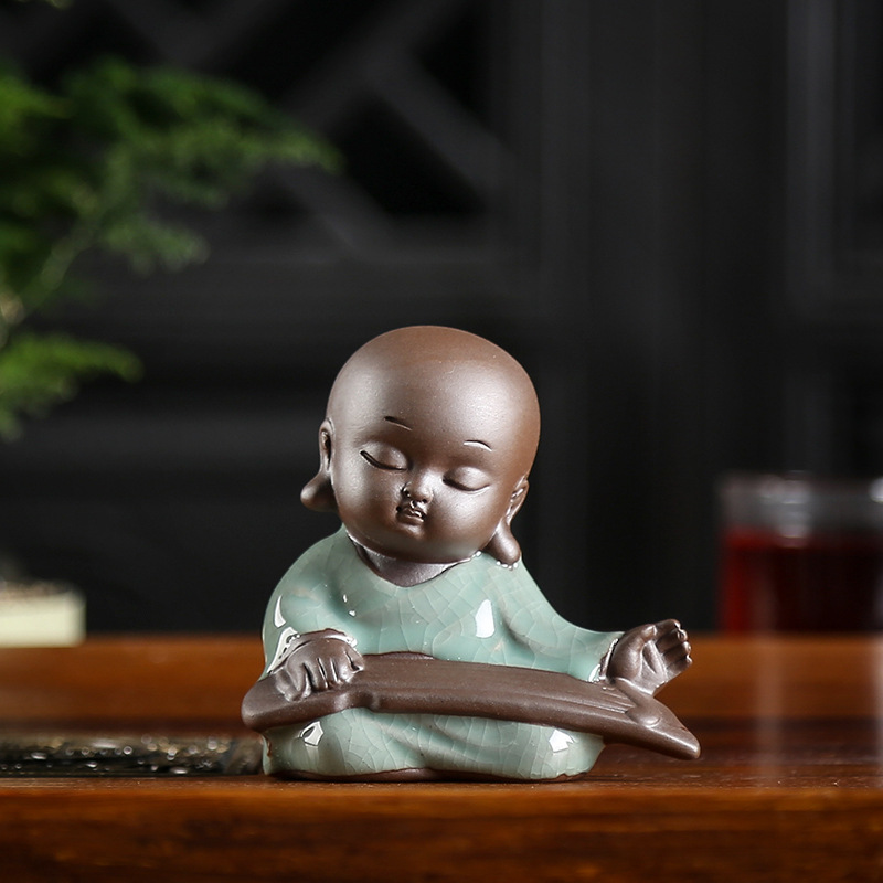 盆景配件 禅意小沙弥茶宠花宠陶瓷人物哥窑小和尚 微景观装饰摆件